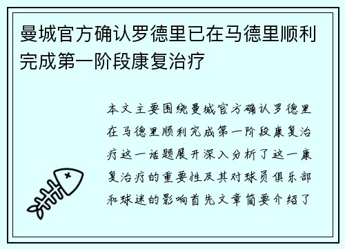 曼城官方确认罗德里已在马德里顺利完成第一阶段康复治疗