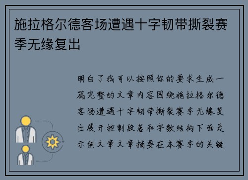 施拉格尔德客场遭遇十字韧带撕裂赛季无缘复出